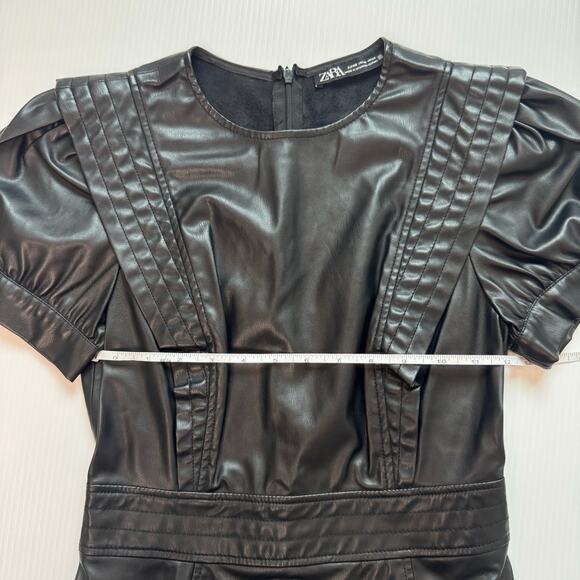 Zara Faux Leather Mini Dress Black Women's XS Ruffle Puff Flounce Hem Coquette - Picture 14 of 16